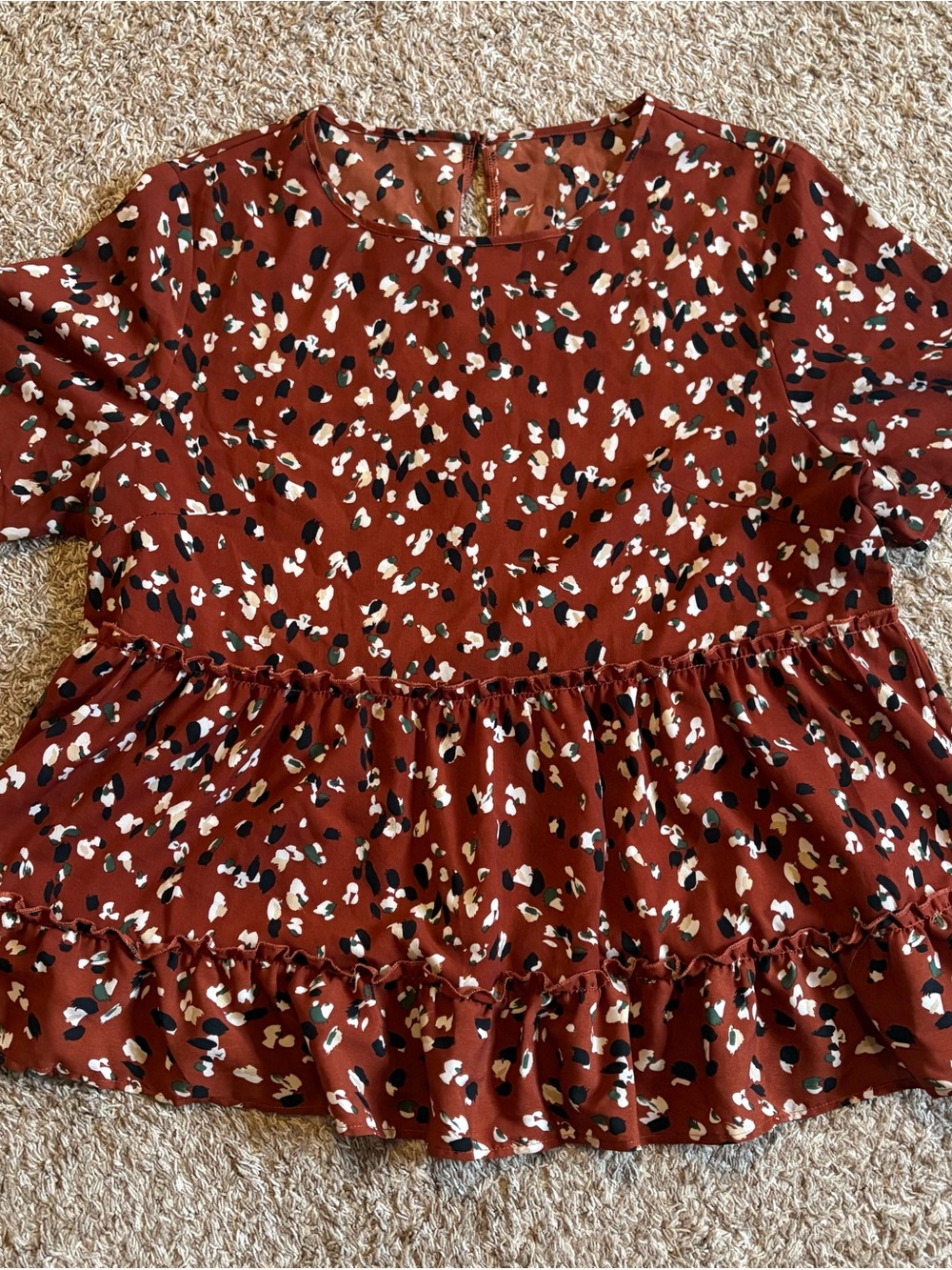 Womens Rust Printed Ruffled Peplum Blouse